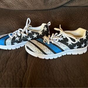 “Thin Blue Line” Sneakers - Black, Blue, White, women’s size 7